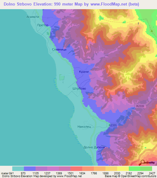 Dolno Strbovo,Macedonia Elevation Map