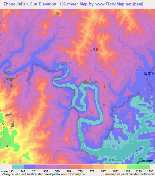 ZhangJiaFen Cun,China Elevation Map