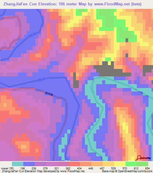 ZhangJiaFen Cun,China Elevation Map