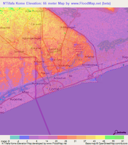 N'Tifafa Kome,Togo Elevation Map