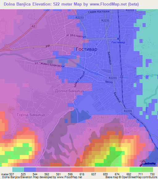 Dolna Banjica,Macedonia Elevation Map