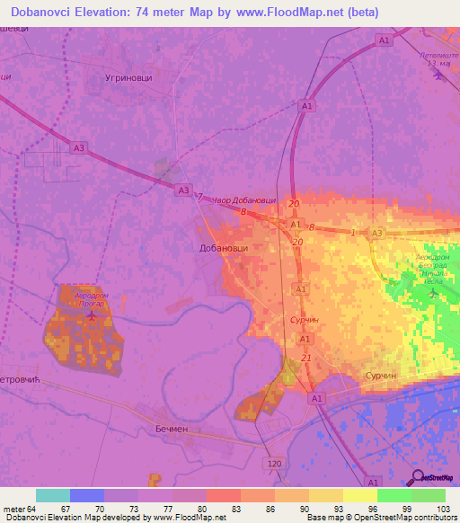 Dobanovci,Serbia Elevation Map