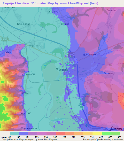 Cuprija,Serbia Elevation Map