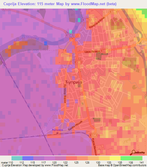 Cuprija,Serbia Elevation Map