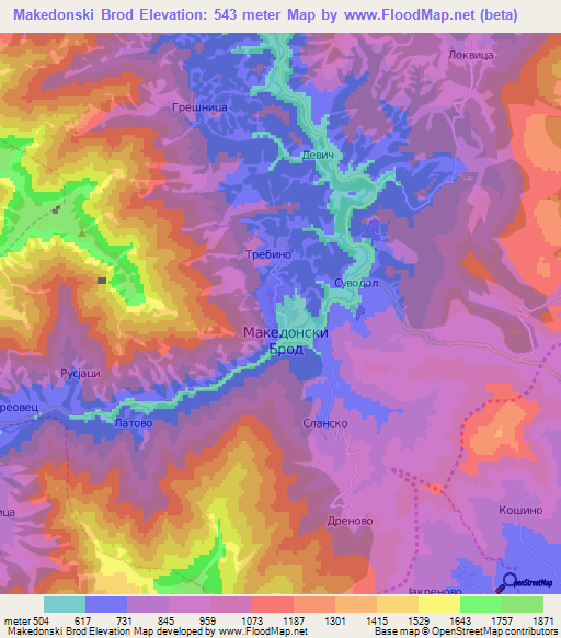 Makedonski Brod,Macedonia Elevation Map