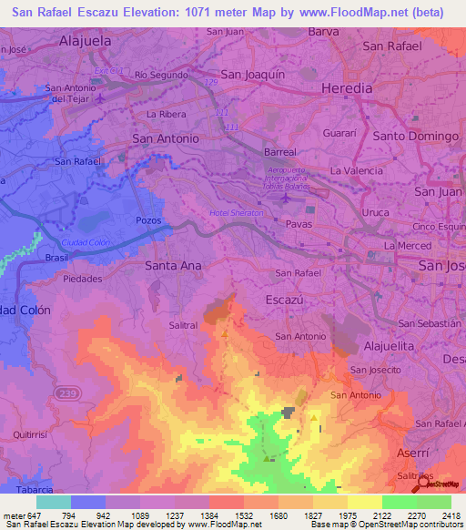 San Rafael Escazu,Costa Rica Elevation Map