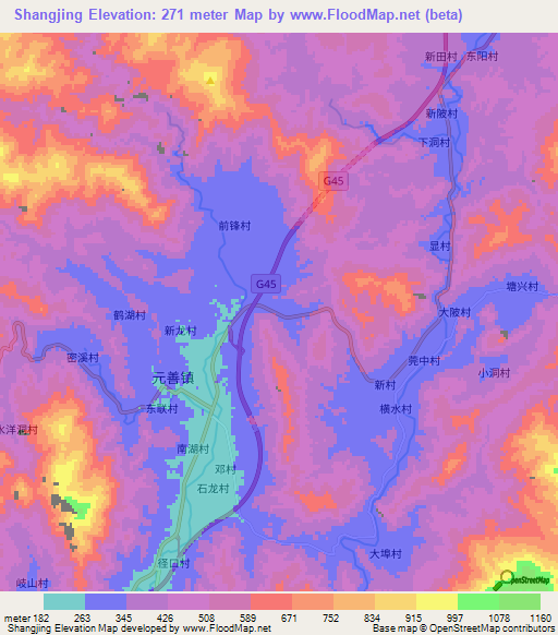 Shangjing,China Elevation Map