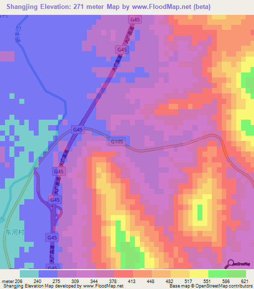 Shangjing,China Elevation Map