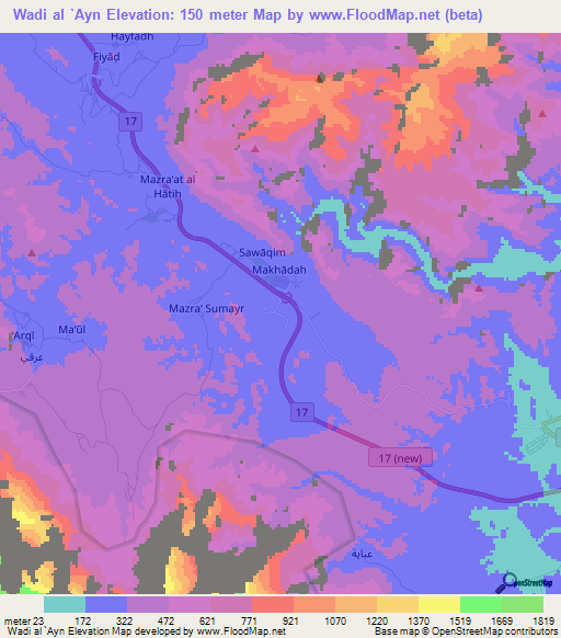 Wadi al `Ayn,Oman Elevation Map