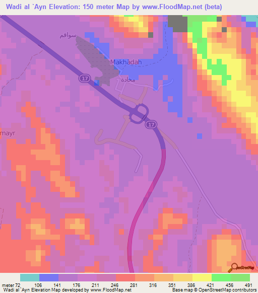 Wadi al `Ayn,Oman Elevation Map