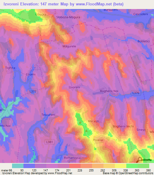 Izvoreni,Moldova Elevation Map