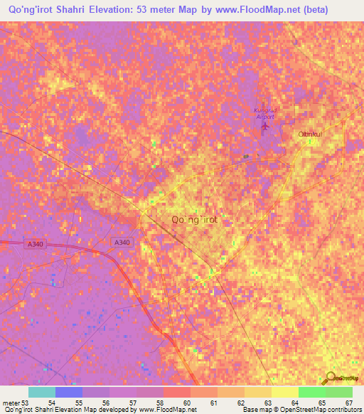Qo'ng'irot Shahri,Uzbekistan Elevation Map