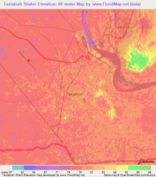 Taxiatosh Shahri,Uzbekistan Elevation Map