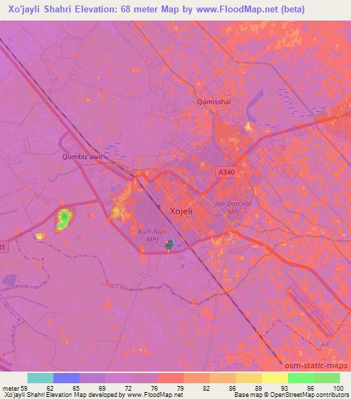 Xo'jayli Shahri,Uzbekistan Elevation Map