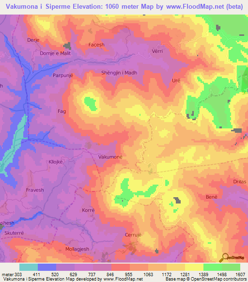 Vakumona i Siperme,Albania Elevation Map