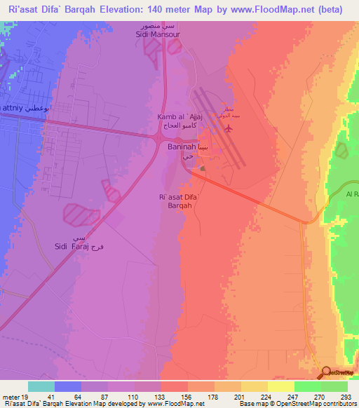 Ri'asat Difa` Barqah,Libya Elevation Map