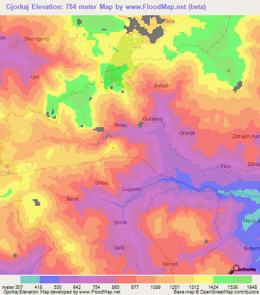 Gjorkaj,Albania Elevation Map