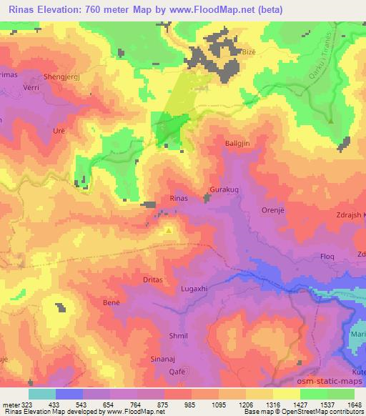 Rinas,Albania Elevation Map