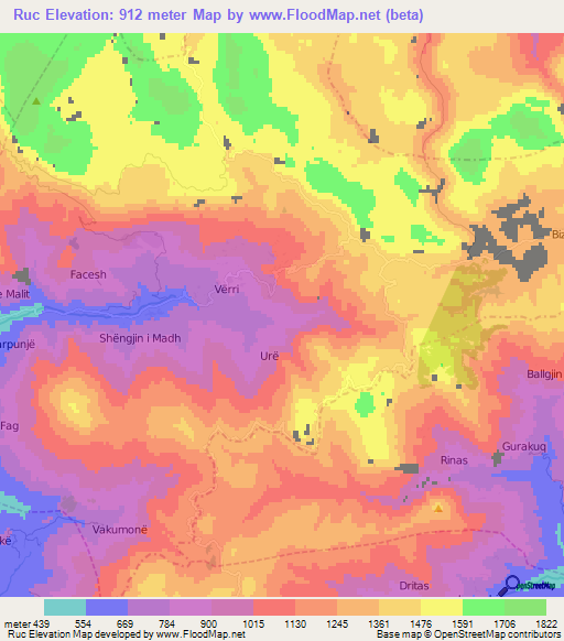 Ruc,Albania Elevation Map