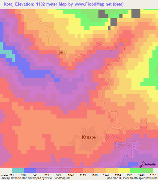 Kotaj,Albania Elevation Map