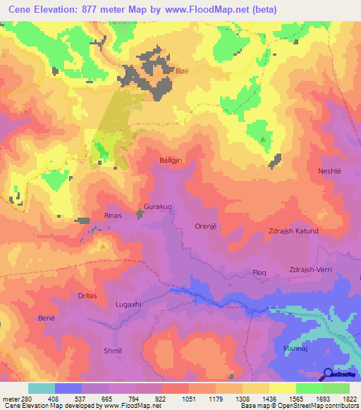 Cene,Albania Elevation Map