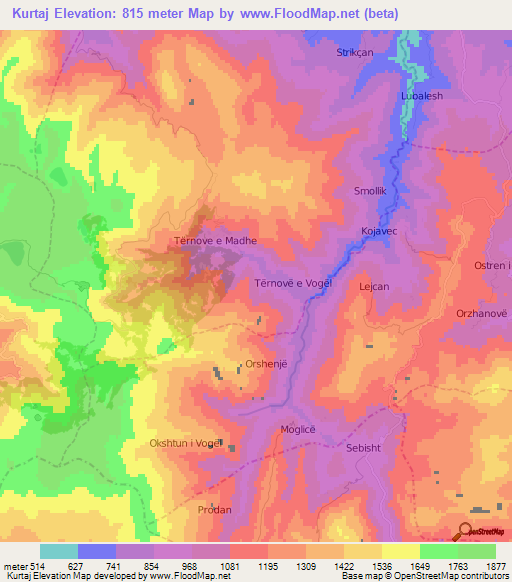 Kurtaj,Albania Elevation Map