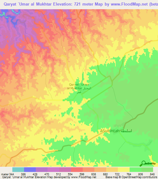 Qaryat `Umar al Mukhtar,Libya Elevation Map