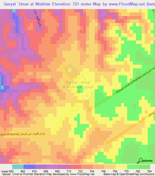 Qaryat `Umar al Mukhtar,Libya Elevation Map