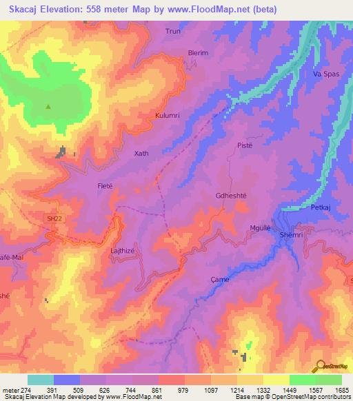 Skacaj,Albania Elevation Map