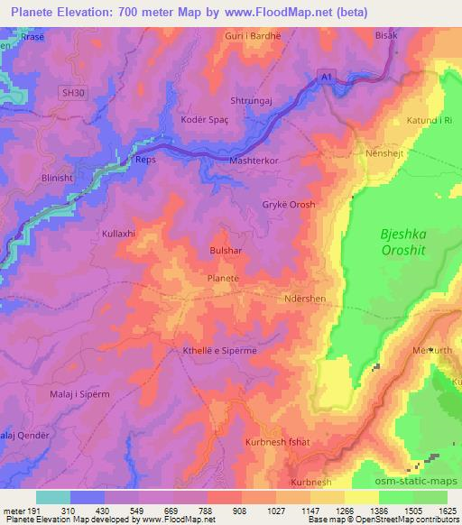 Planete,Albania Elevation Map