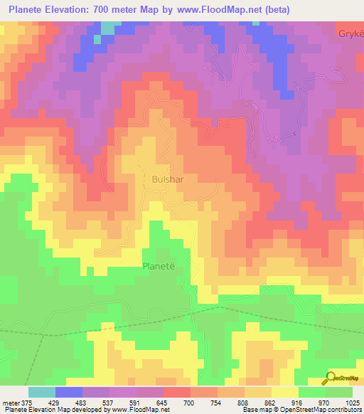 Planete,Albania Elevation Map