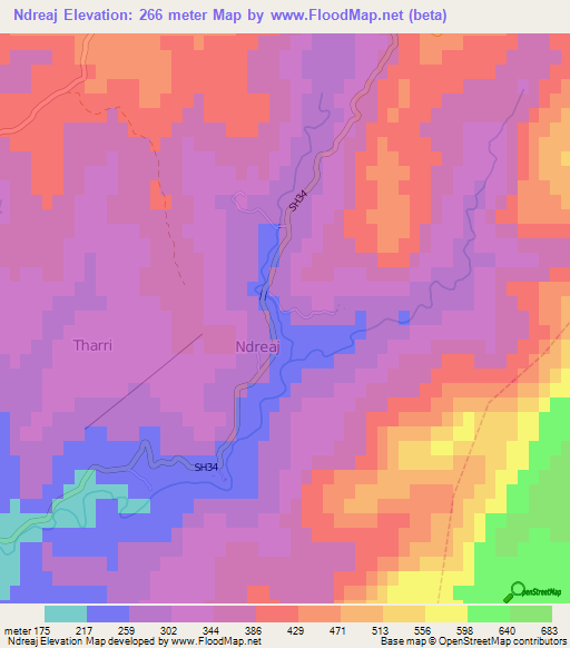 Ndreaj,Albania Elevation Map