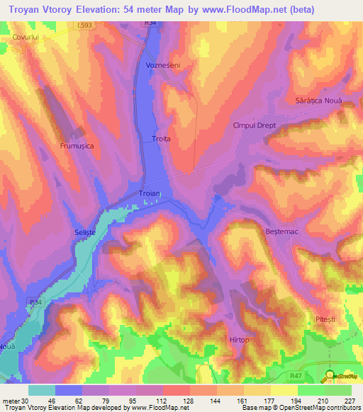 Troyan Vtoroy,Moldova Elevation Map