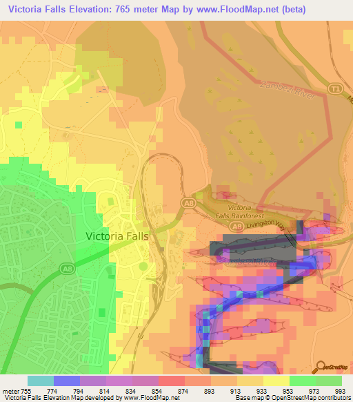 Victoria Falls,Zimbabwe Elevation Map