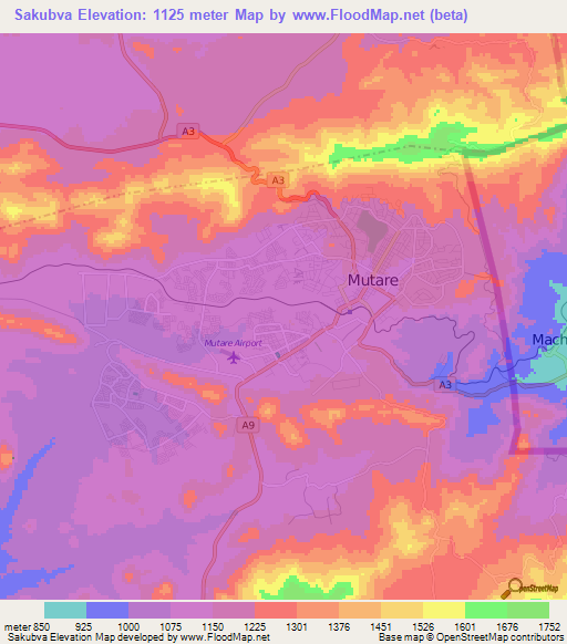 Sakubva,Zimbabwe Elevation Map