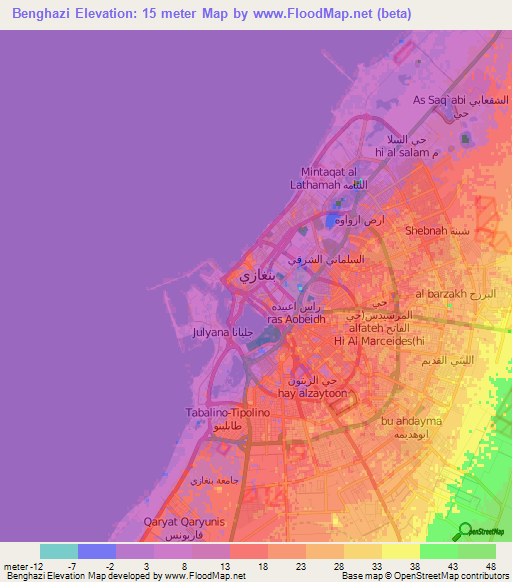 Benghazi,Libya Elevation Map