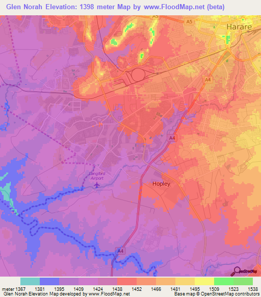 Glen Norah,Zimbabwe Elevation Map