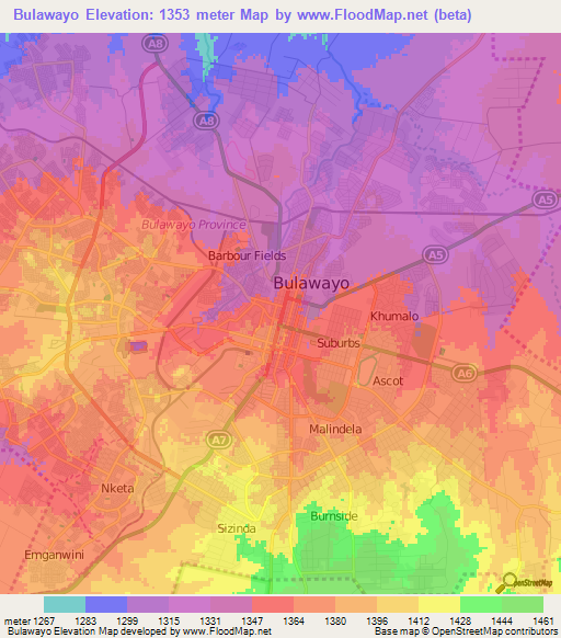 Bulawayo,Zimbabwe Elevation Map