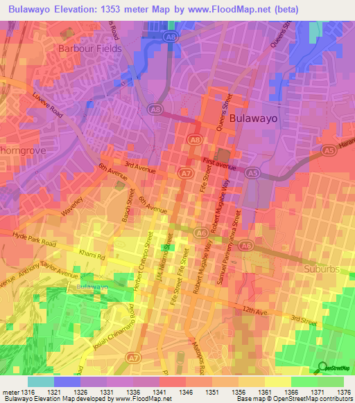 Bulawayo,Zimbabwe Elevation Map