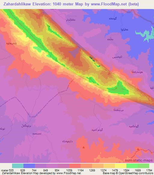 Zahardahlikaw,Iraq Elevation Map