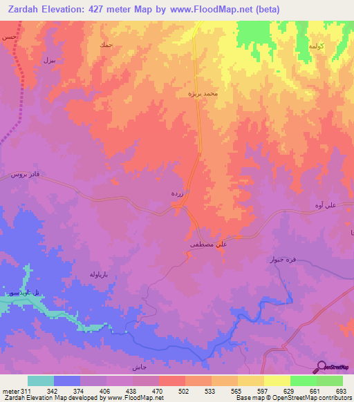 Zardah,Iraq Elevation Map