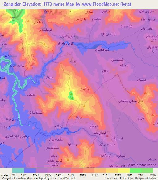 Zangidar,Iraq Elevation Map