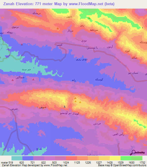 Zanah,Iraq Elevation Map