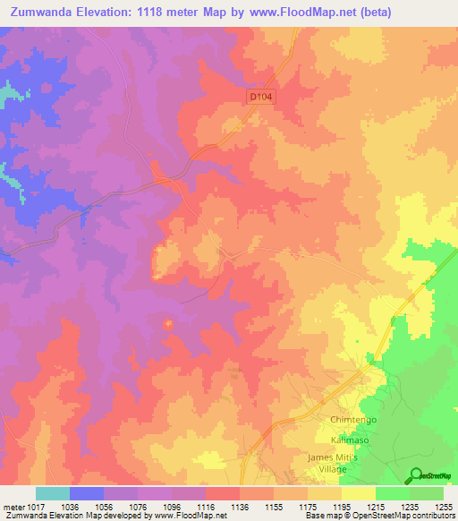 Zumwanda,Zambia Elevation Map