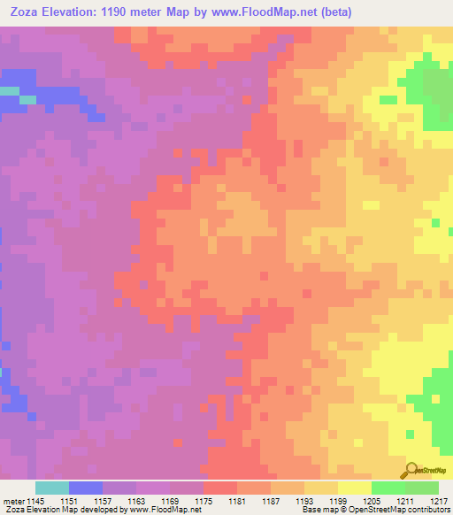 Zoza,Zambia Elevation Map