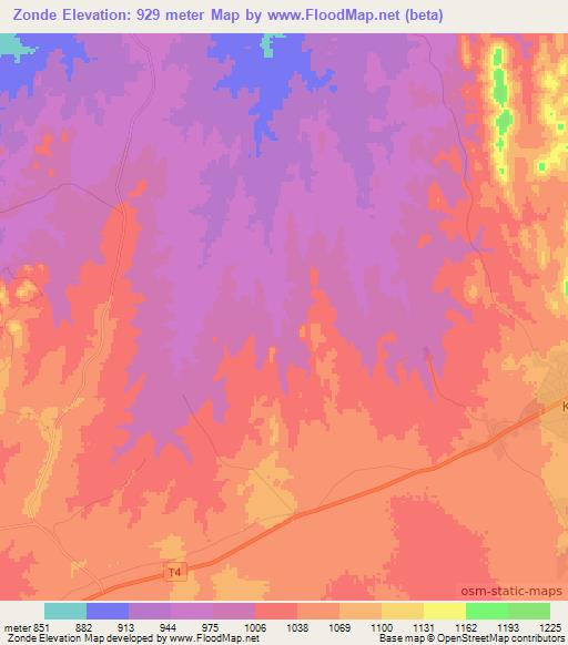 Zonde,Zambia Elevation Map