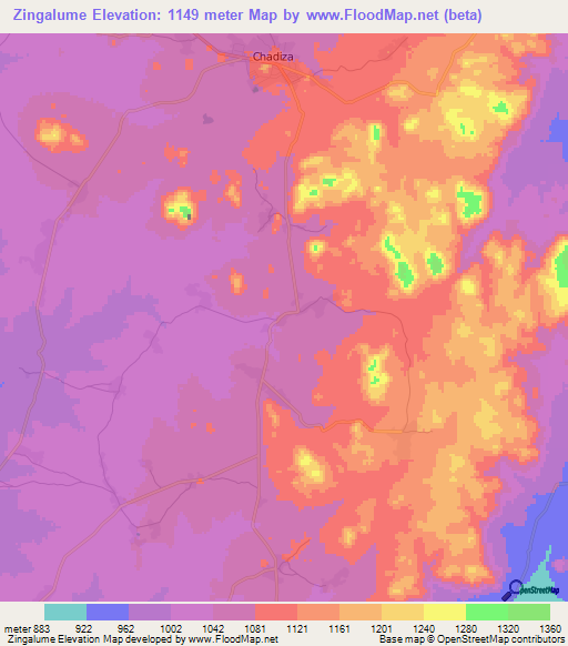 Zingalume,Zambia Elevation Map