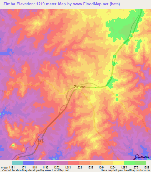 Zimba,Zambia Elevation Map