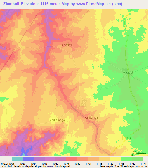 Ziambuli,Zambia Elevation Map