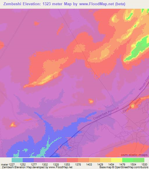 Zembeshi,Zambia Elevation Map